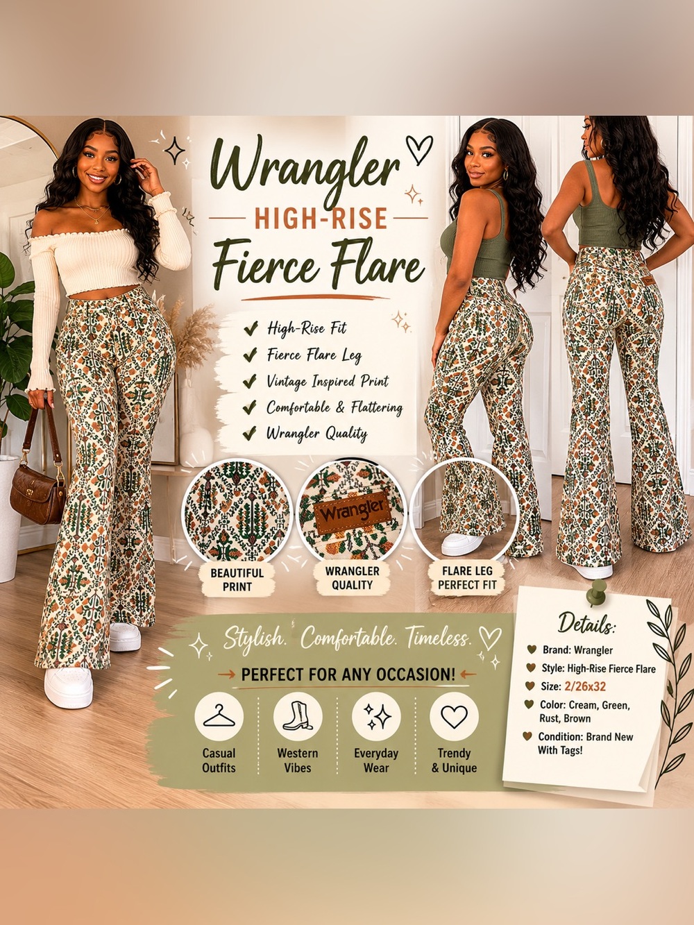 Wrangler High-Rise Fierce Flare Pants in Cream, Green & Brown Print